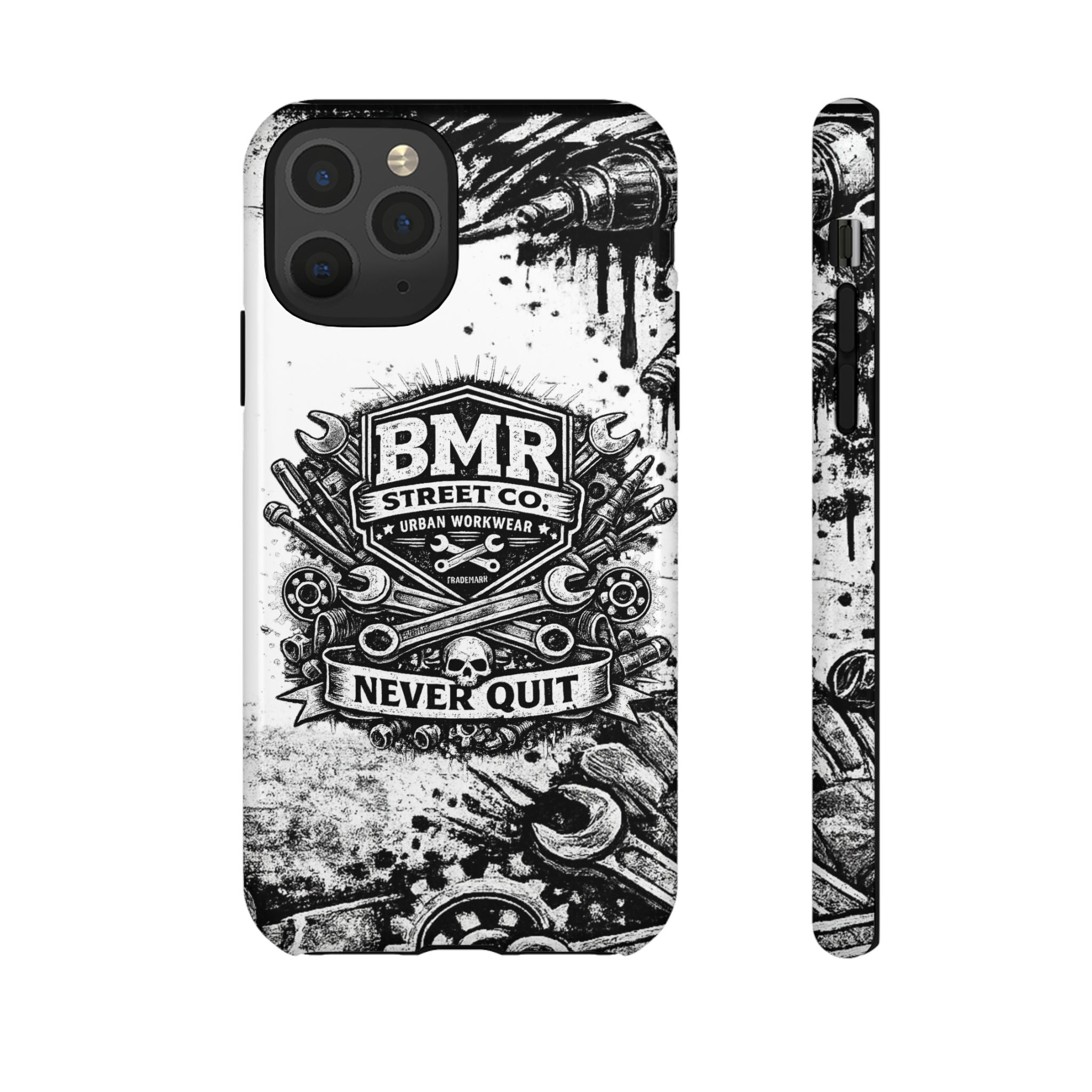 BMR Street Co. 'Never Quit' Tough Phone Case — Industrial Motorcycle Grunge Design