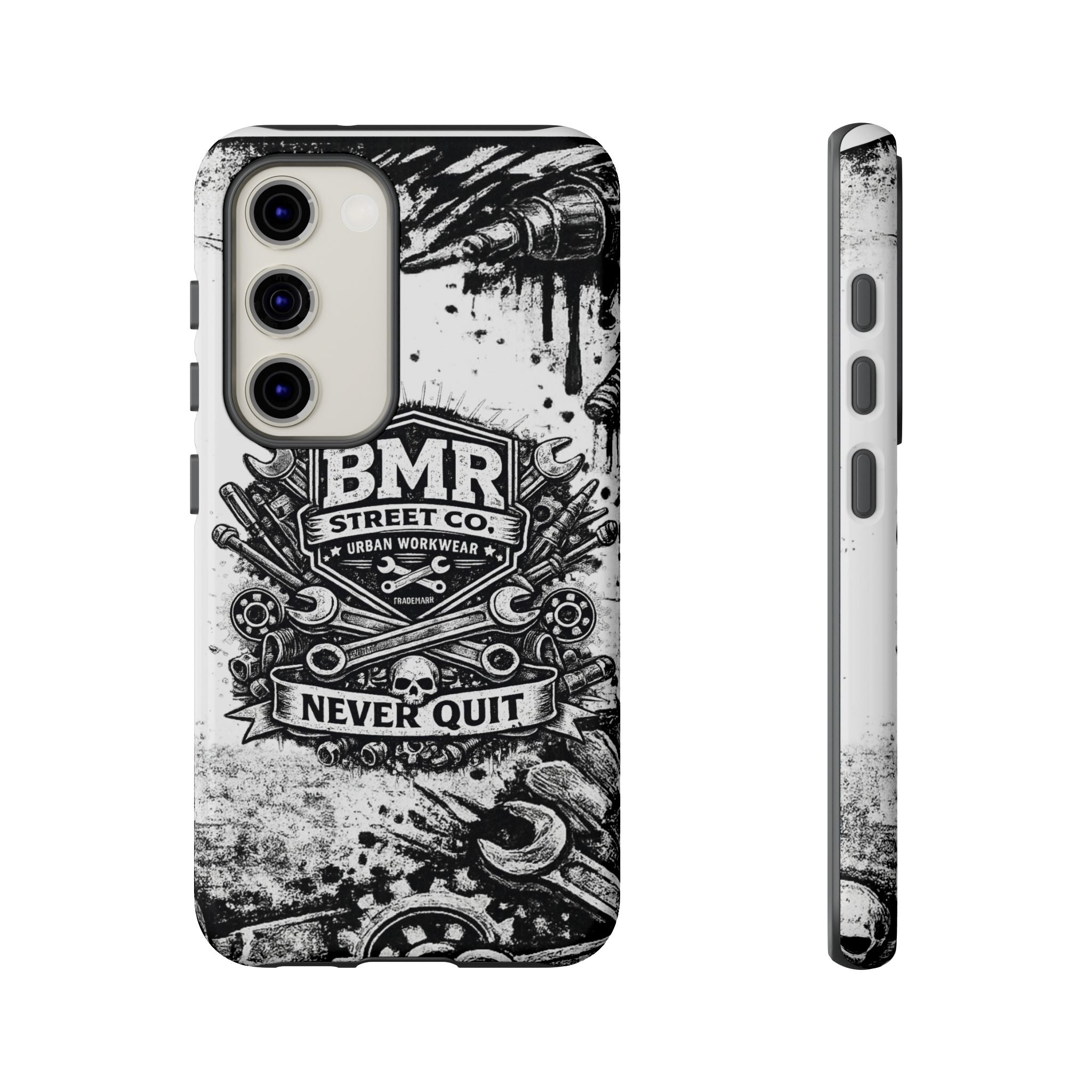 BMR Street Co. 'Never Quit' Tough Phone Case — Industrial Motorcycle Grunge Design