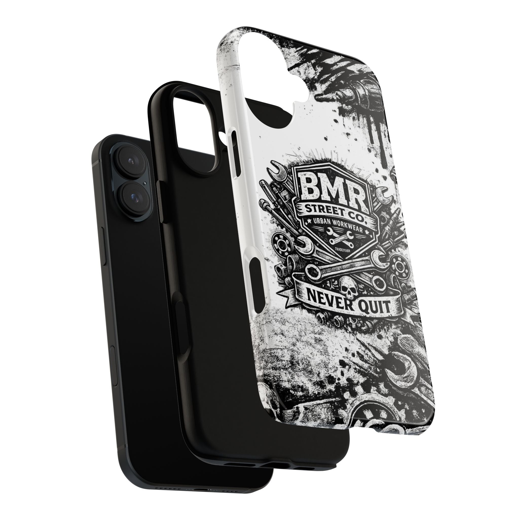 BMR Street Co. 'Never Quit' Tough Phone Case — Industrial Motorcycle Grunge Design