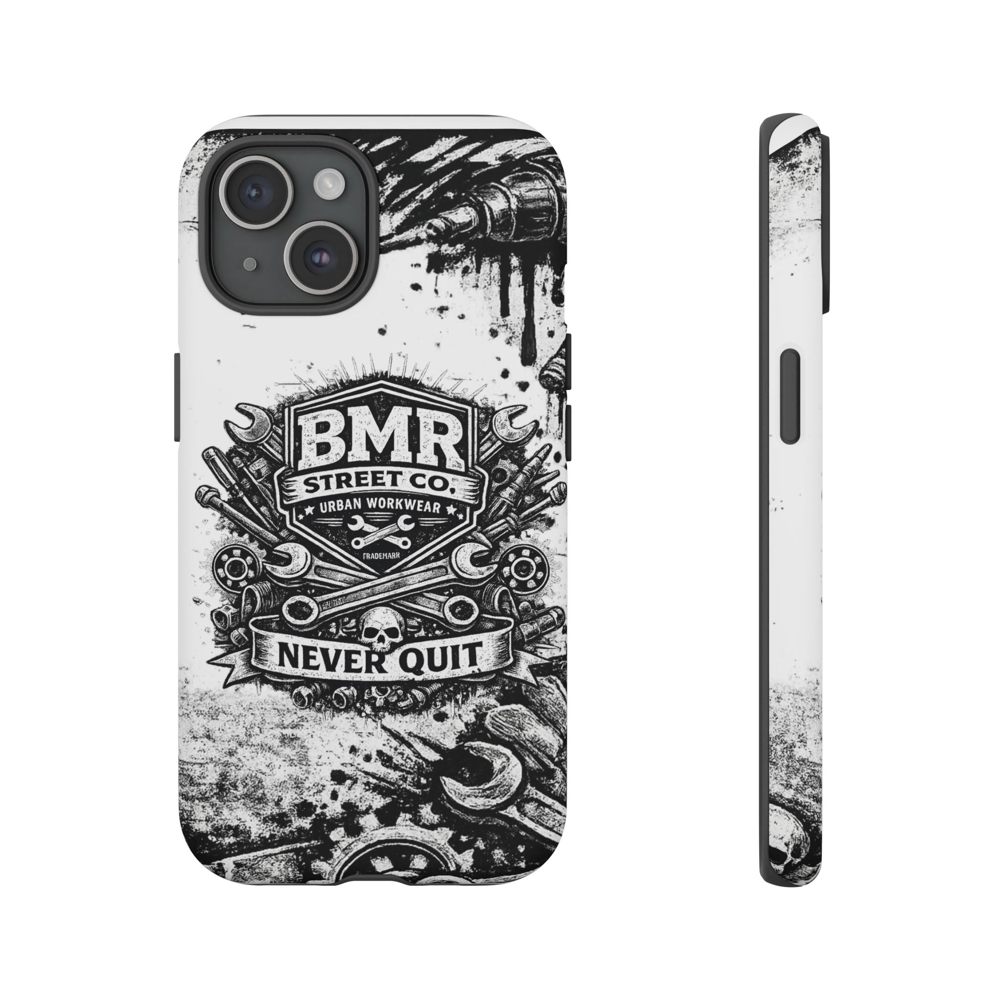 BMR Street Co. 'Never Quit' Tough Phone Case — Industrial Motorcycle Grunge Design