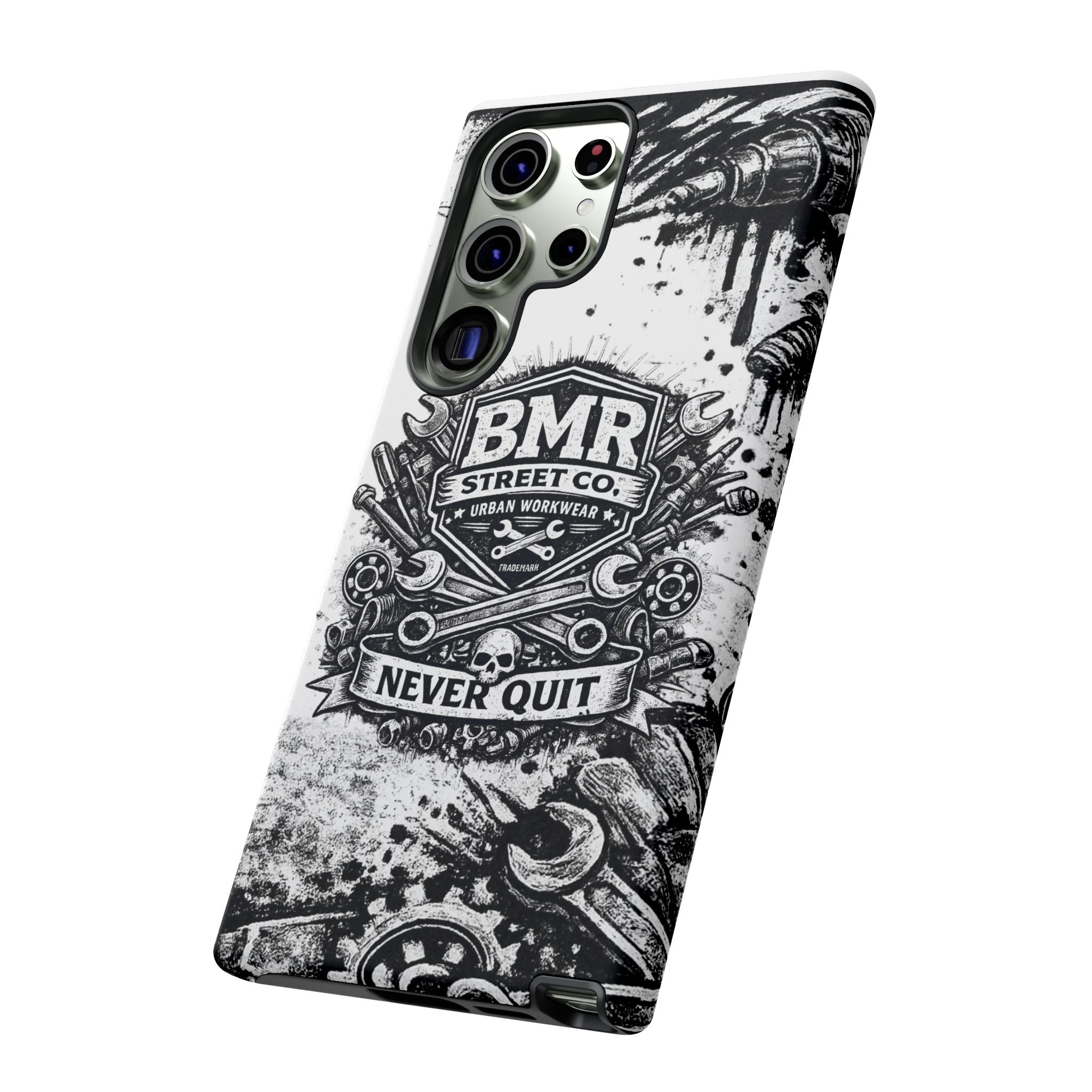 BMR Street Co. 'Never Quit' Tough Phone Case — Industrial Motorcycle Grunge Design