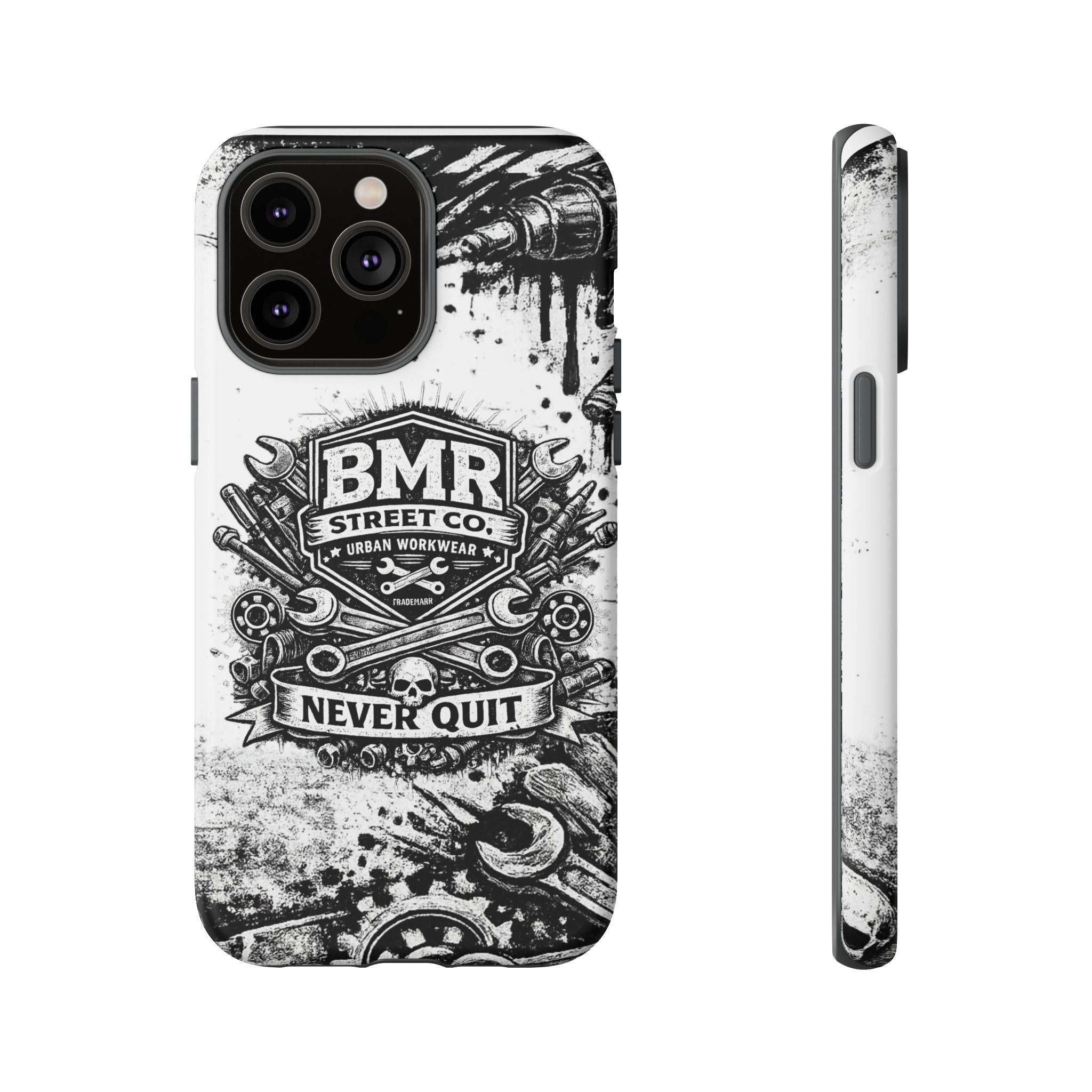 BMR Street Co. 'Never Quit' Tough Phone Case — Industrial Motorcycle Grunge Design