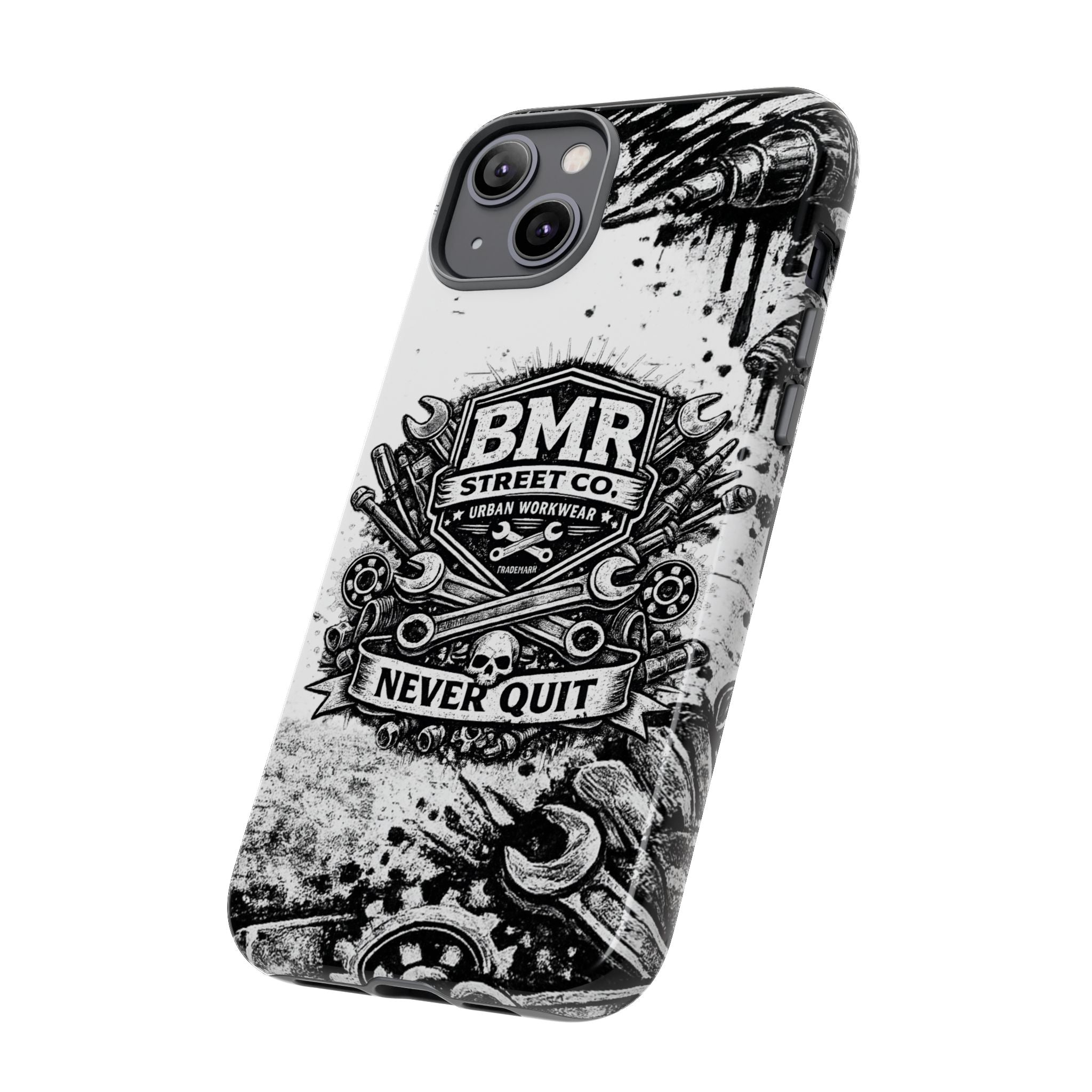 BMR Street Co. 'Never Quit' Tough Phone Case — Industrial Motorcycle Grunge Design