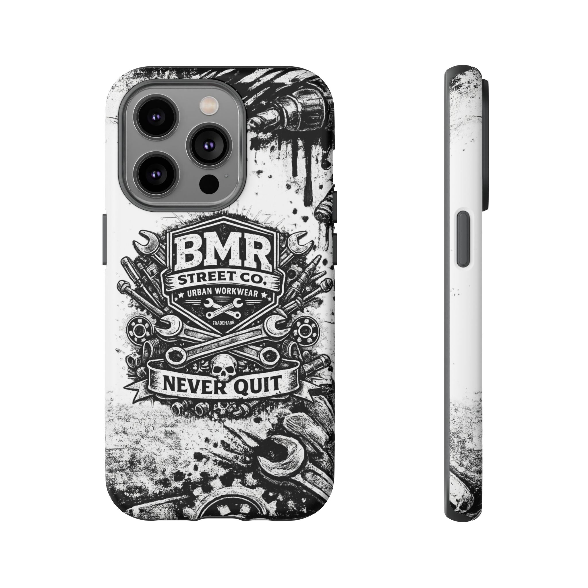 BMR Street Co. 'Never Quit' Tough Phone Case — Industrial Motorcycle Grunge Design