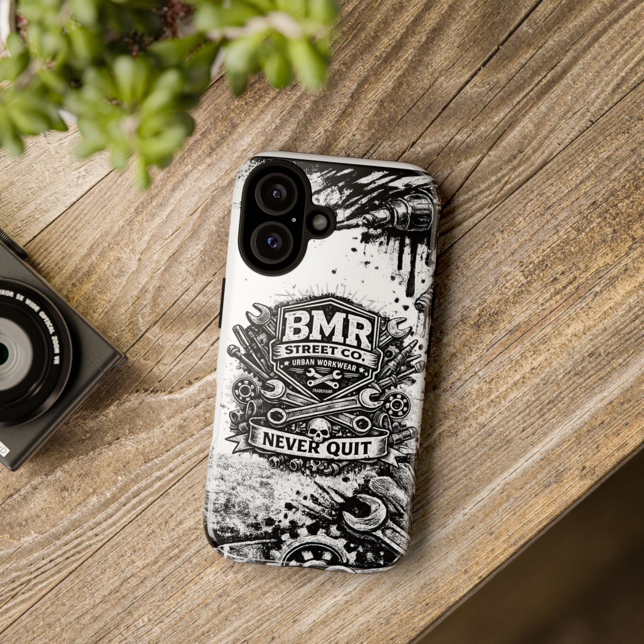 BMR Street Co. 'Never Quit' Tough Phone Case — Industrial Motorcycle Grunge Design
