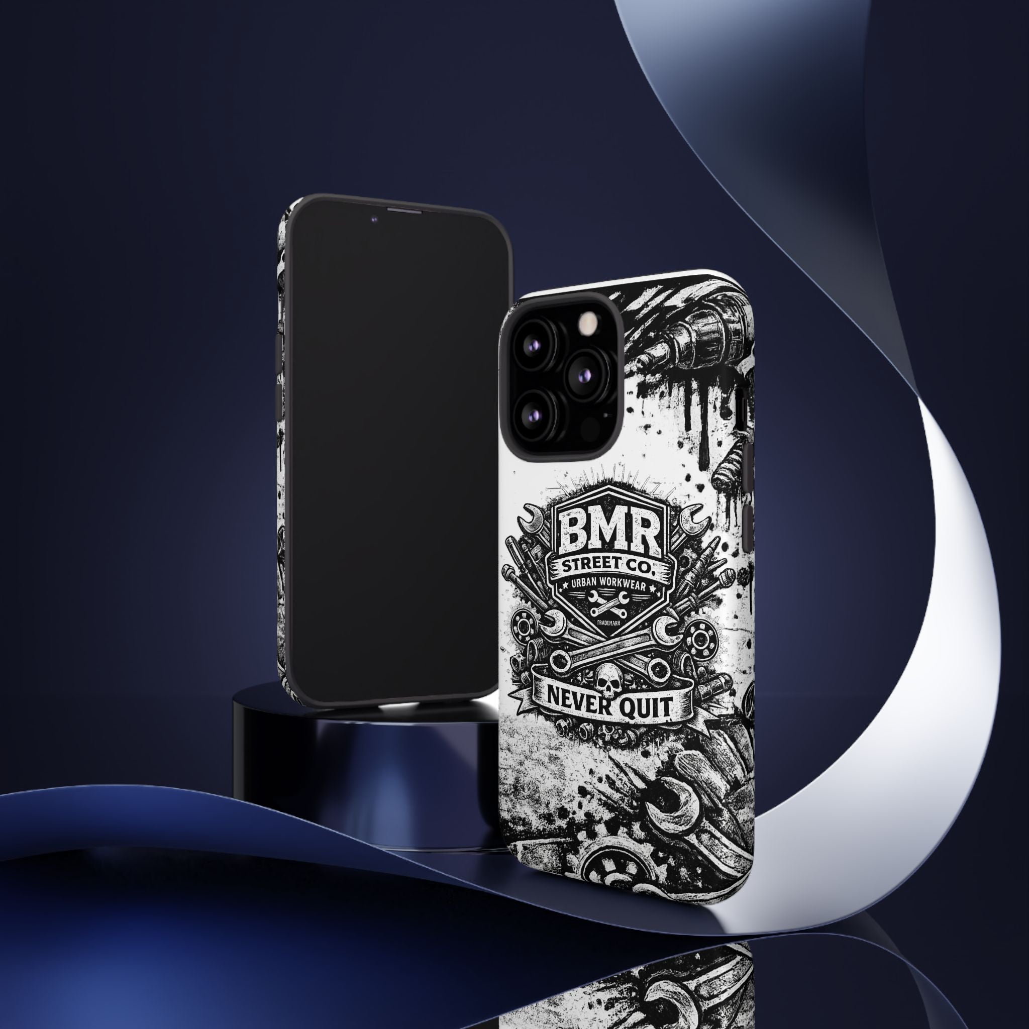 BMR Street Co. 'Never Quit' Tough Phone Case — Industrial Motorcycle Grunge Design