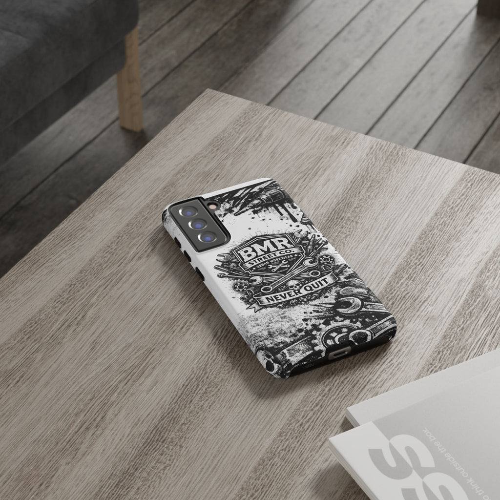 BMR Street Co. 'Never Quit' Tough Phone Case — Industrial Motorcycle Grunge Design