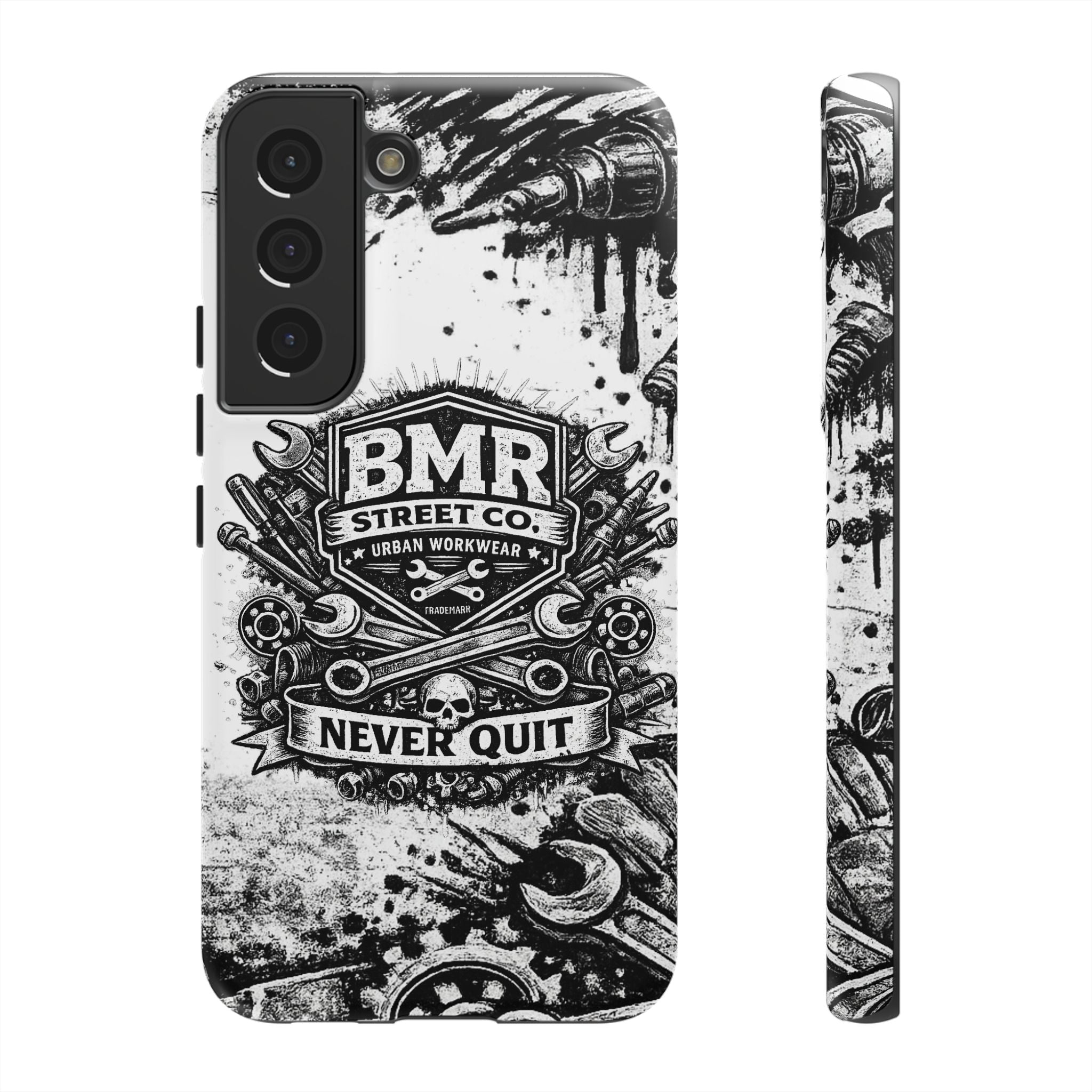 BMR Street Co. 'Never Quit' Tough Phone Case — Industrial Motorcycle Grunge Design