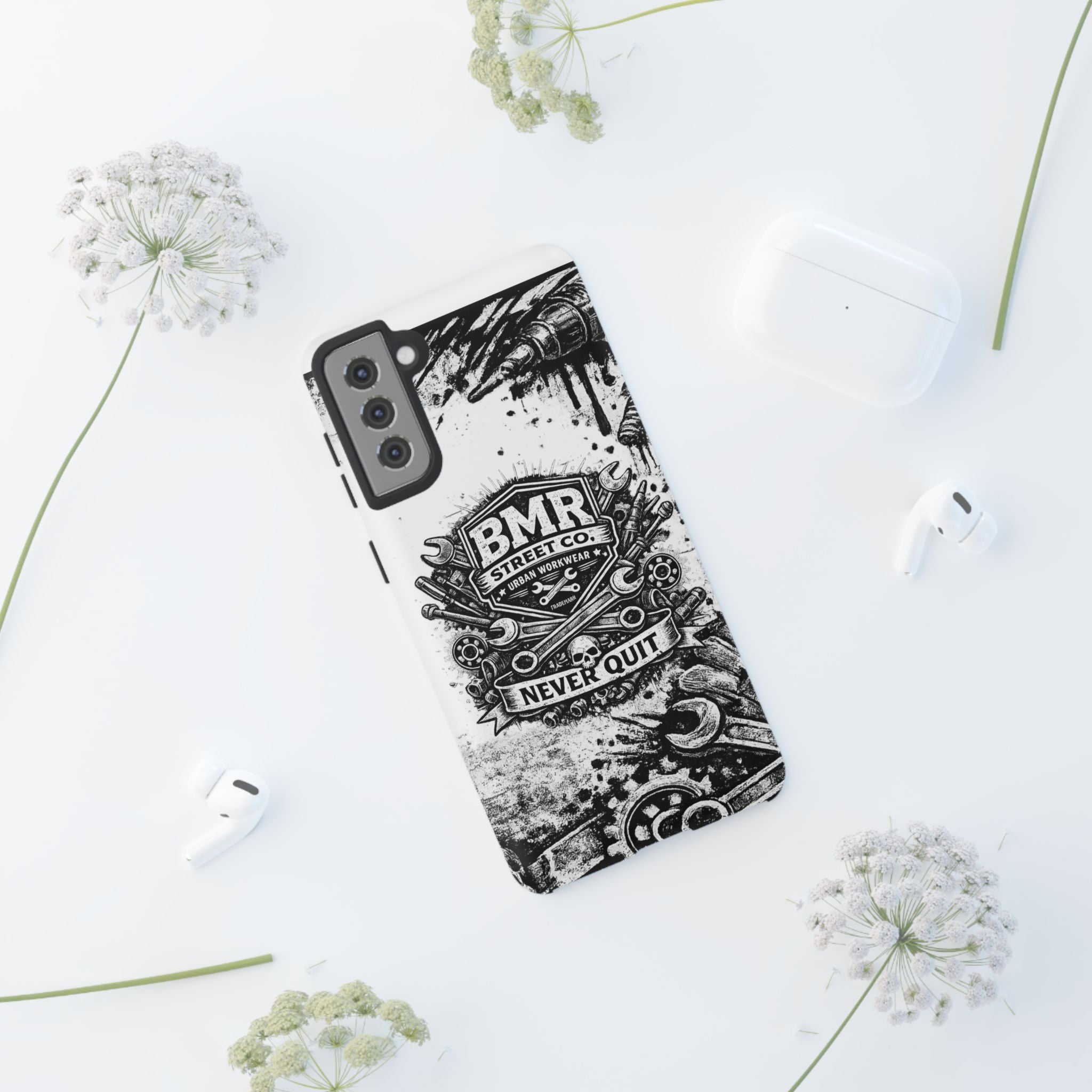 BMR Street Co. 'Never Quit' Tough Phone Case — Industrial Motorcycle Grunge Design