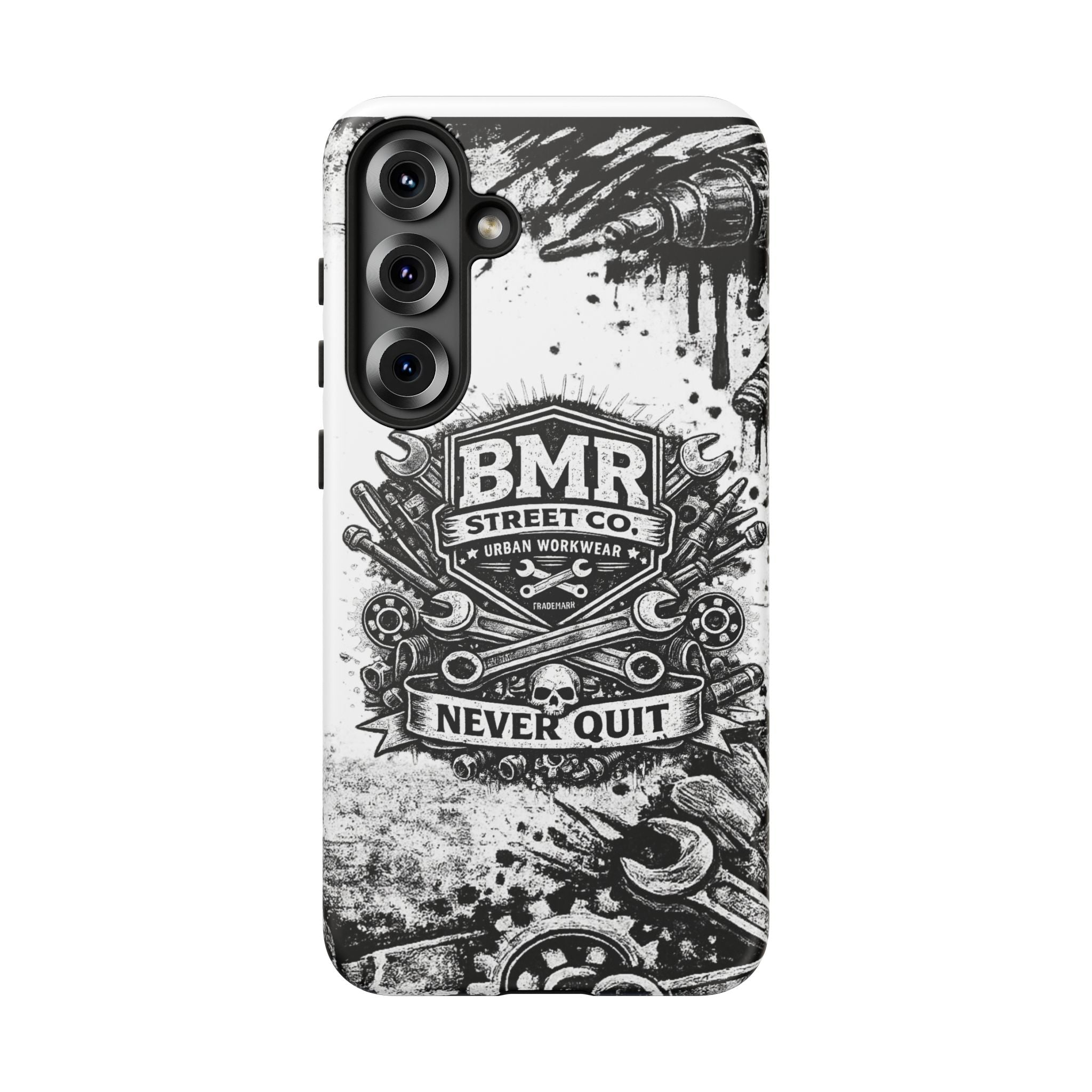 BMR Street Co. 'Never Quit' Tough Phone Case — Industrial Motorcycle Grunge Design