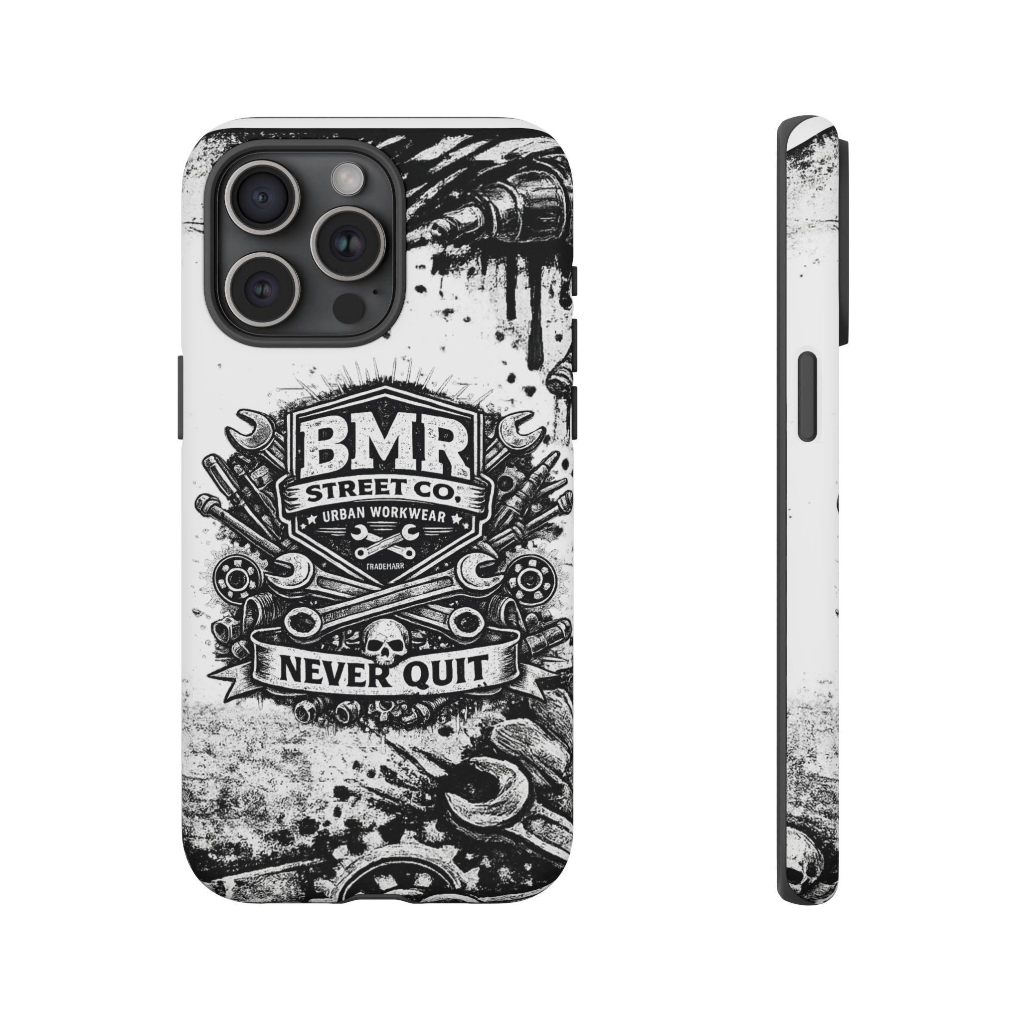 BMR Street Co. 'Never Quit' Tough Phone Case — Industrial Motorcycle Grunge Design