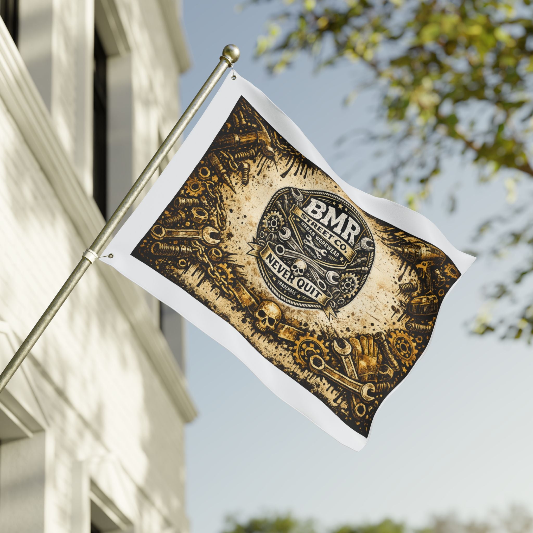 BMR Street Co. Vintage Motorcycle Skull Flag — Double-Sided Garage Banner