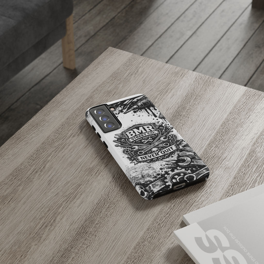 BMR Street Co. 'Never Quit' Tough Phone Case — Industrial Motorcycle Grunge Design