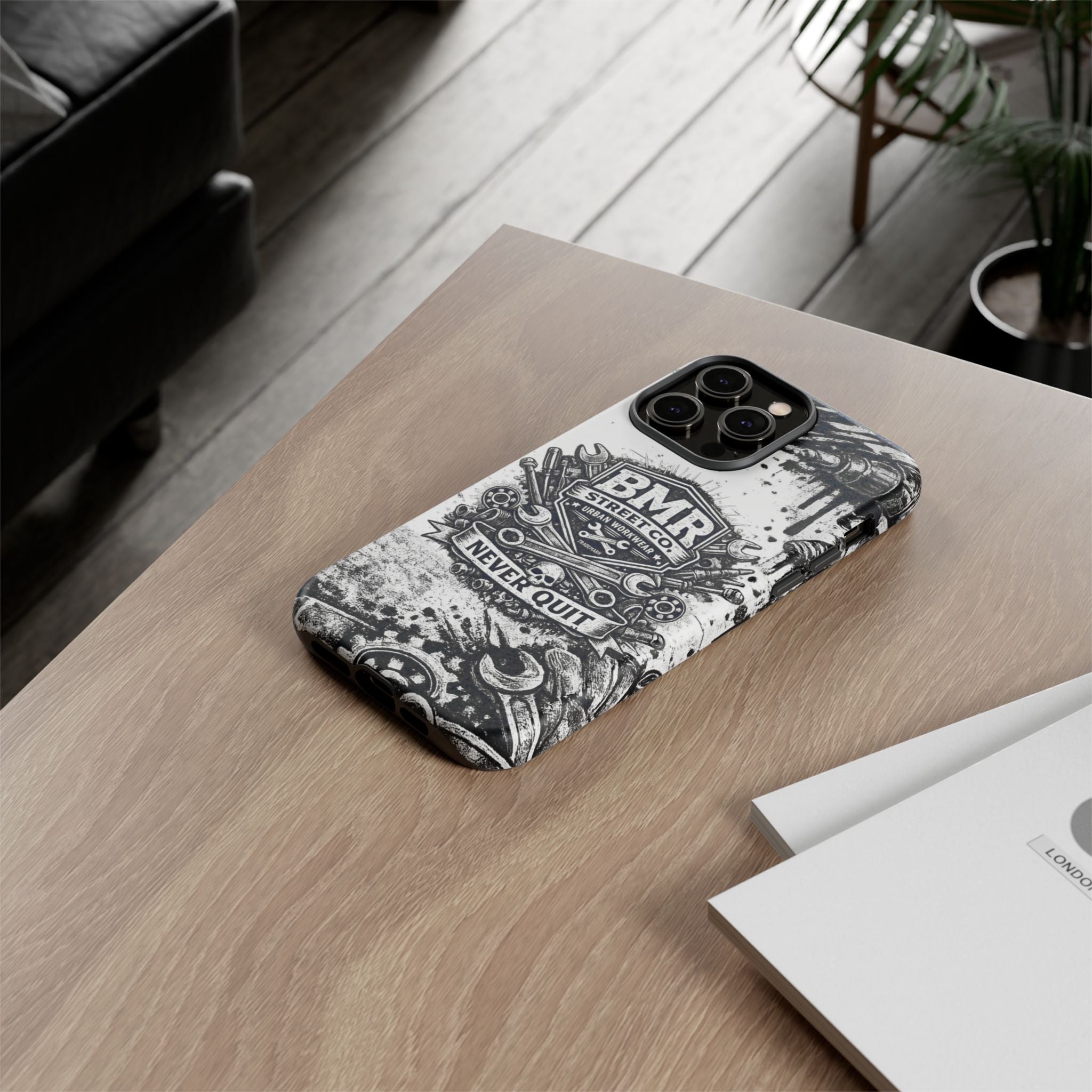 BMR Street Co. 'Never Quit' Tough Phone Case — Industrial Motorcycle Grunge Design