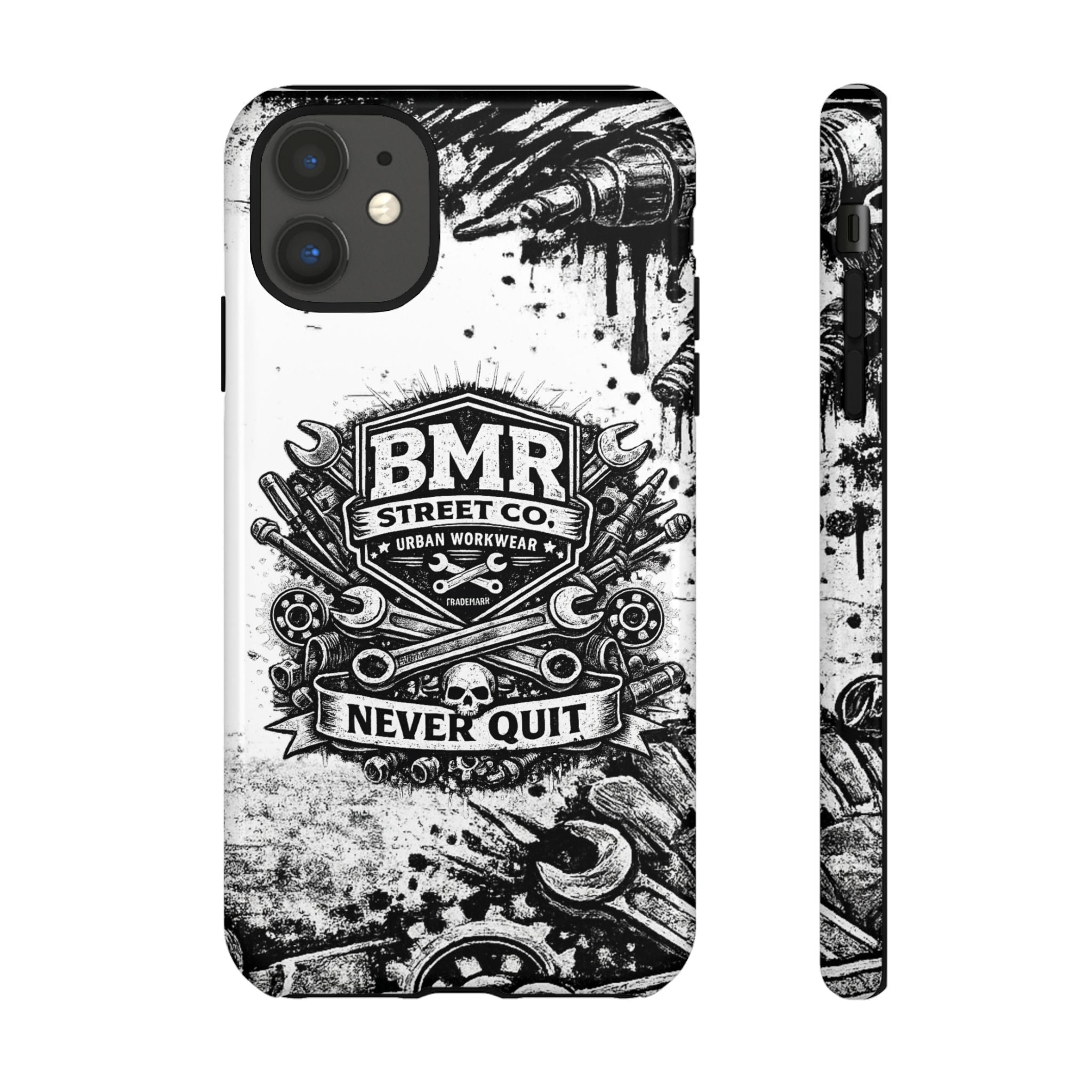 BMR Street Co. 'Never Quit' Tough Phone Case — Industrial Motorcycle Grunge Design