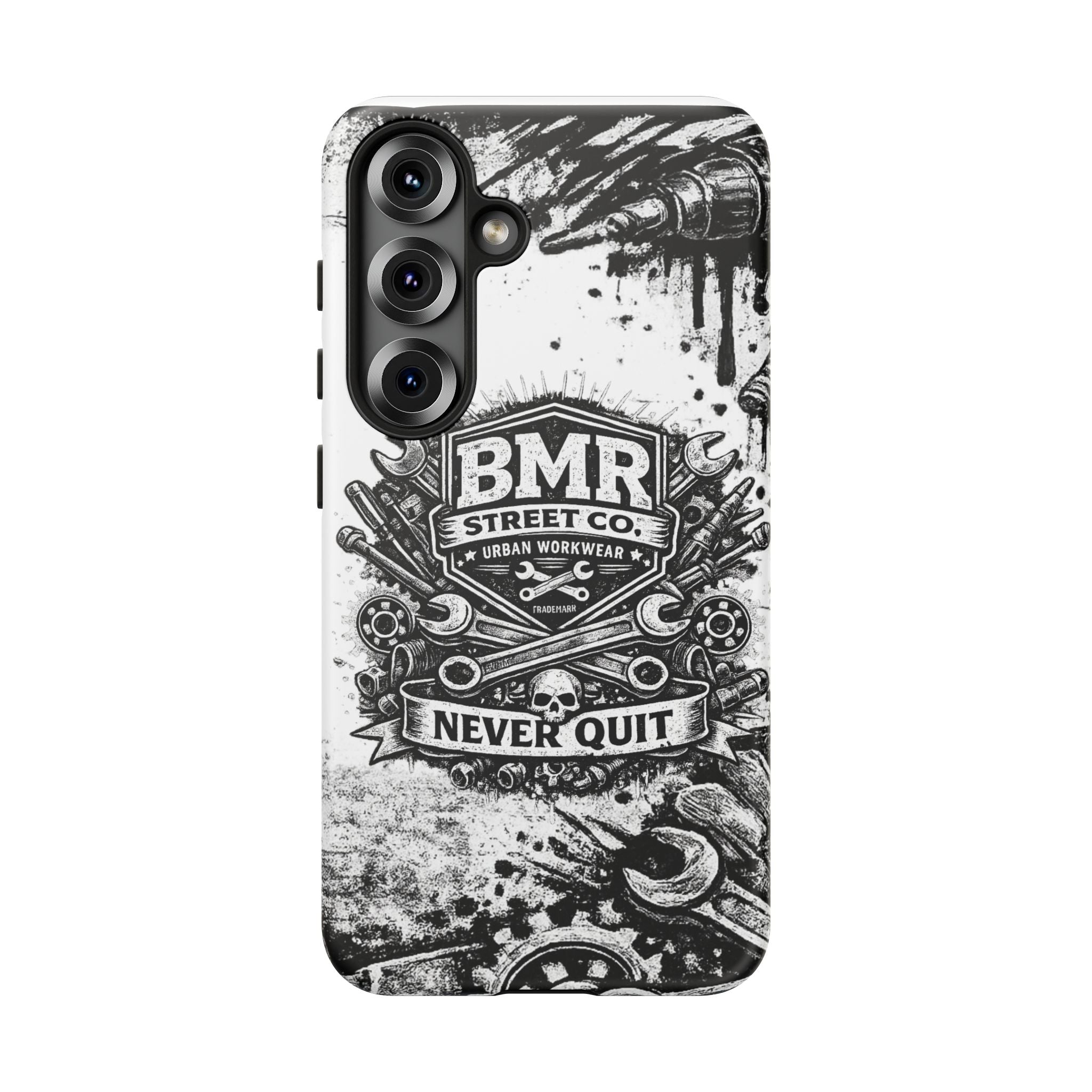 BMR Street Co. 'Never Quit' Tough Phone Case — Industrial Motorcycle Grunge Design