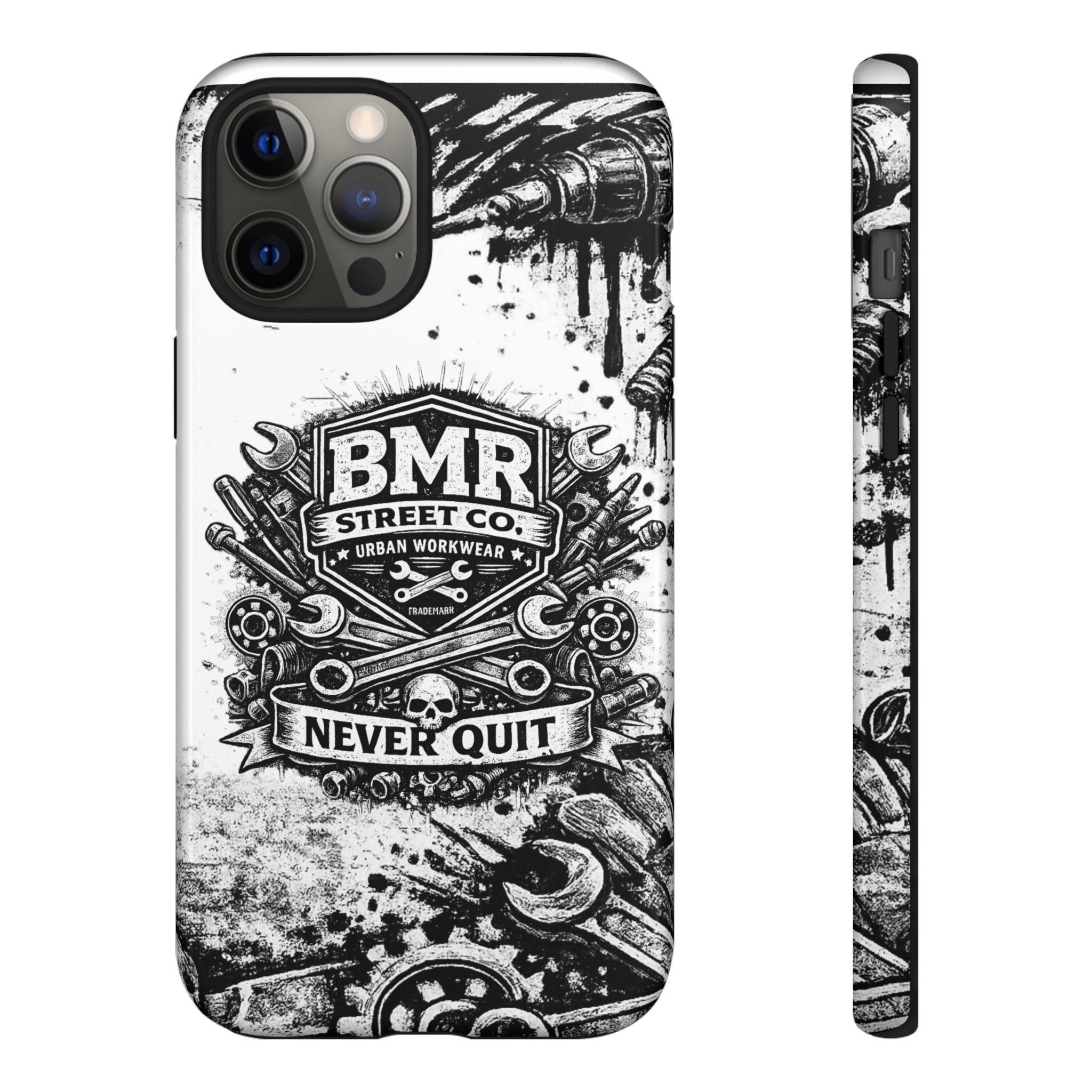 BMR Street Co. 'Never Quit' Tough Phone Case — Industrial Motorcycle Grunge Design