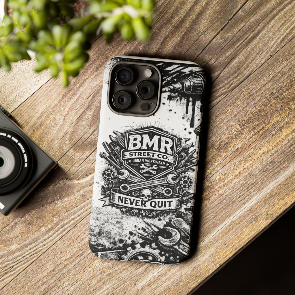 BMR Street Co. 'Never Quit' Tough Phone Case — Industrial Motorcycle Grunge Design