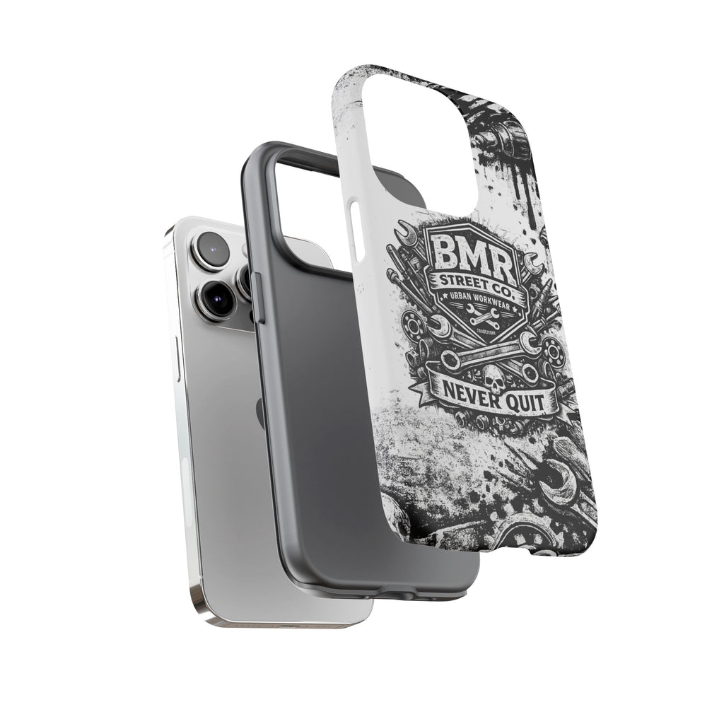 BMR Street Co. 'Never Quit' Tough Phone Case — Industrial Motorcycle Grunge Design