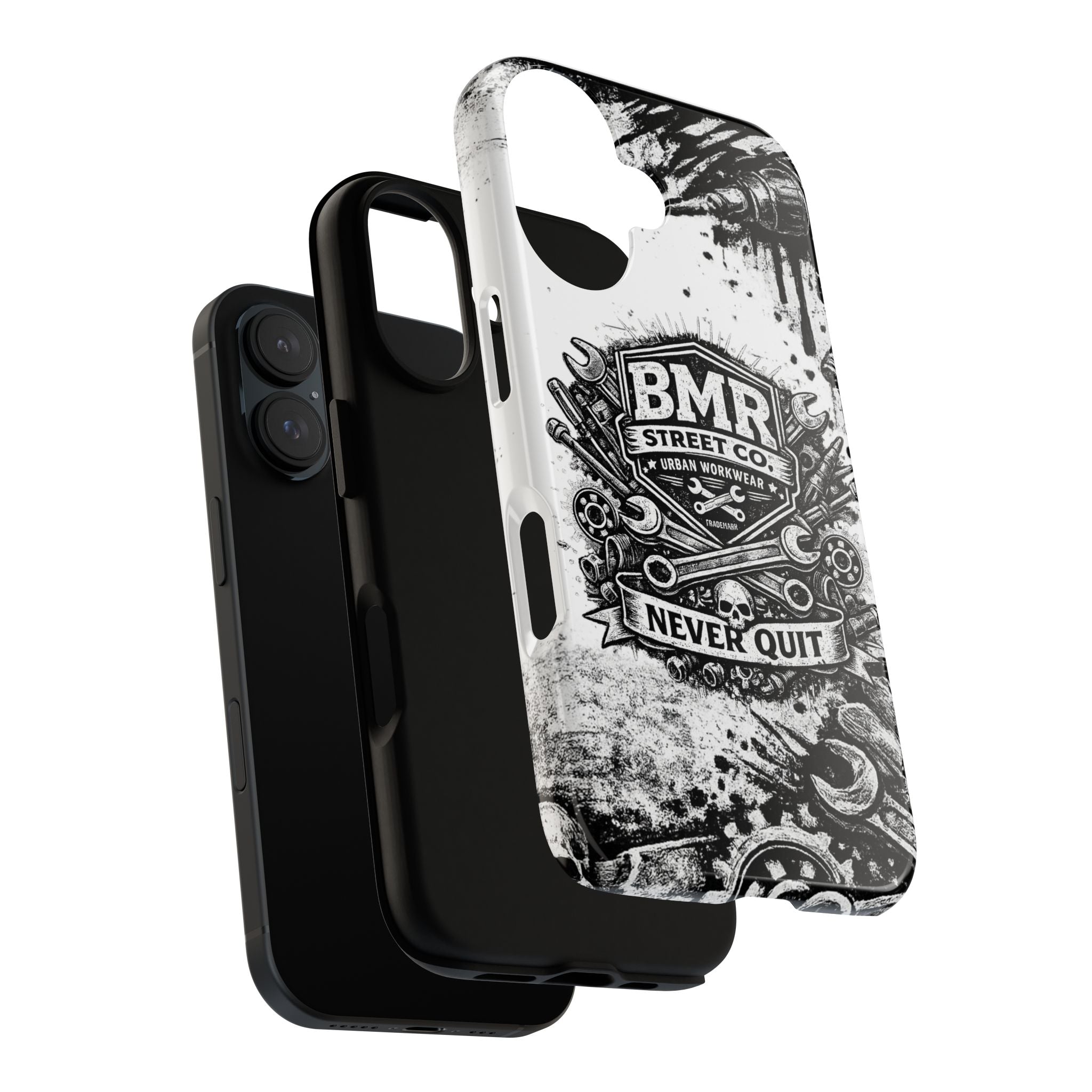 BMR Street Co. 'Never Quit' Tough Phone Case — Industrial Motorcycle Grunge Design