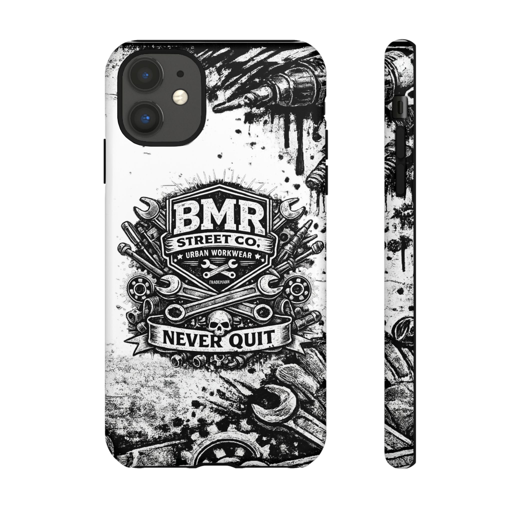 BMR Street Co. 'Never Quit' Tough Phone Case — Industrial Motorcycle Grunge Design