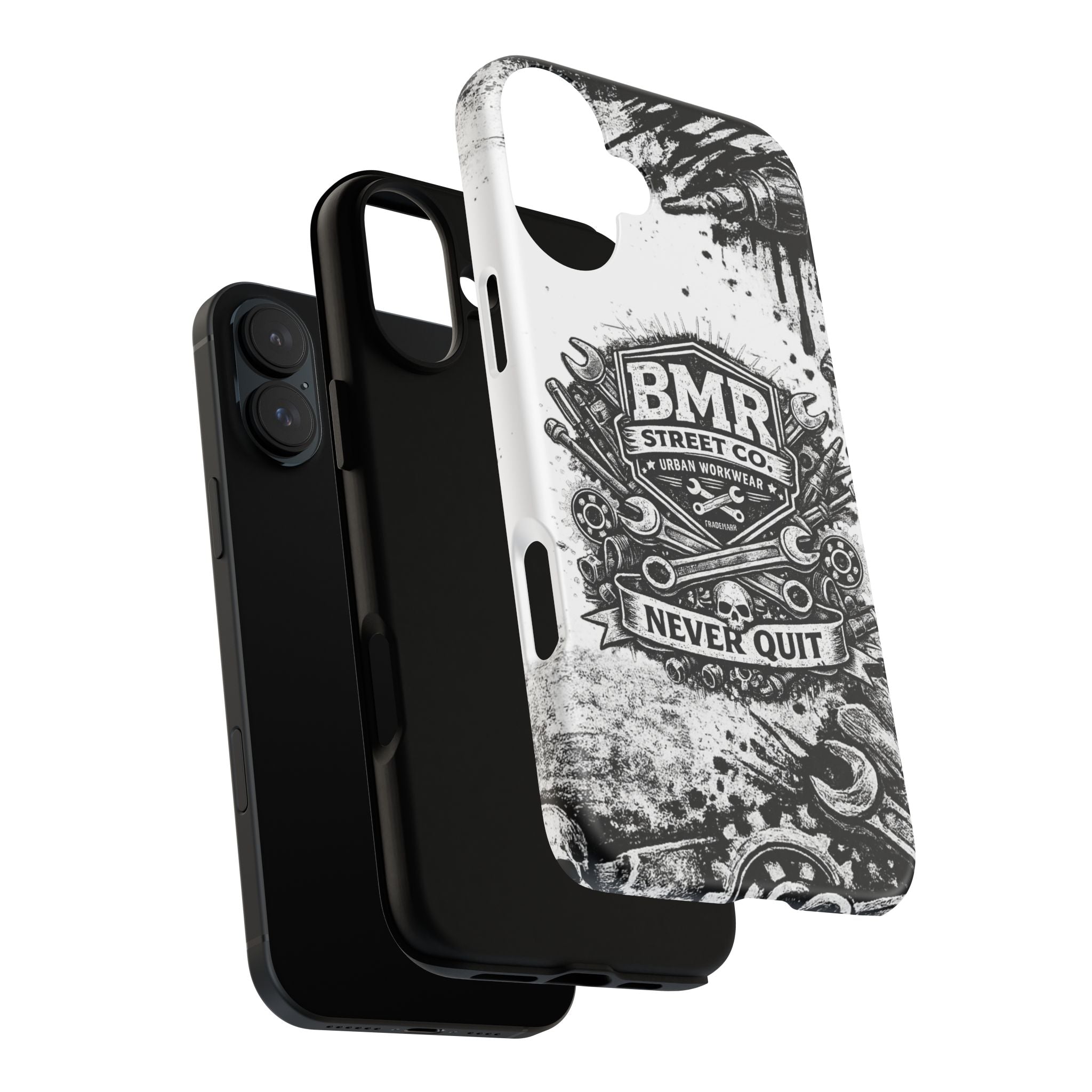 BMR Street Co. 'Never Quit' Tough Phone Case — Industrial Motorcycle Grunge Design