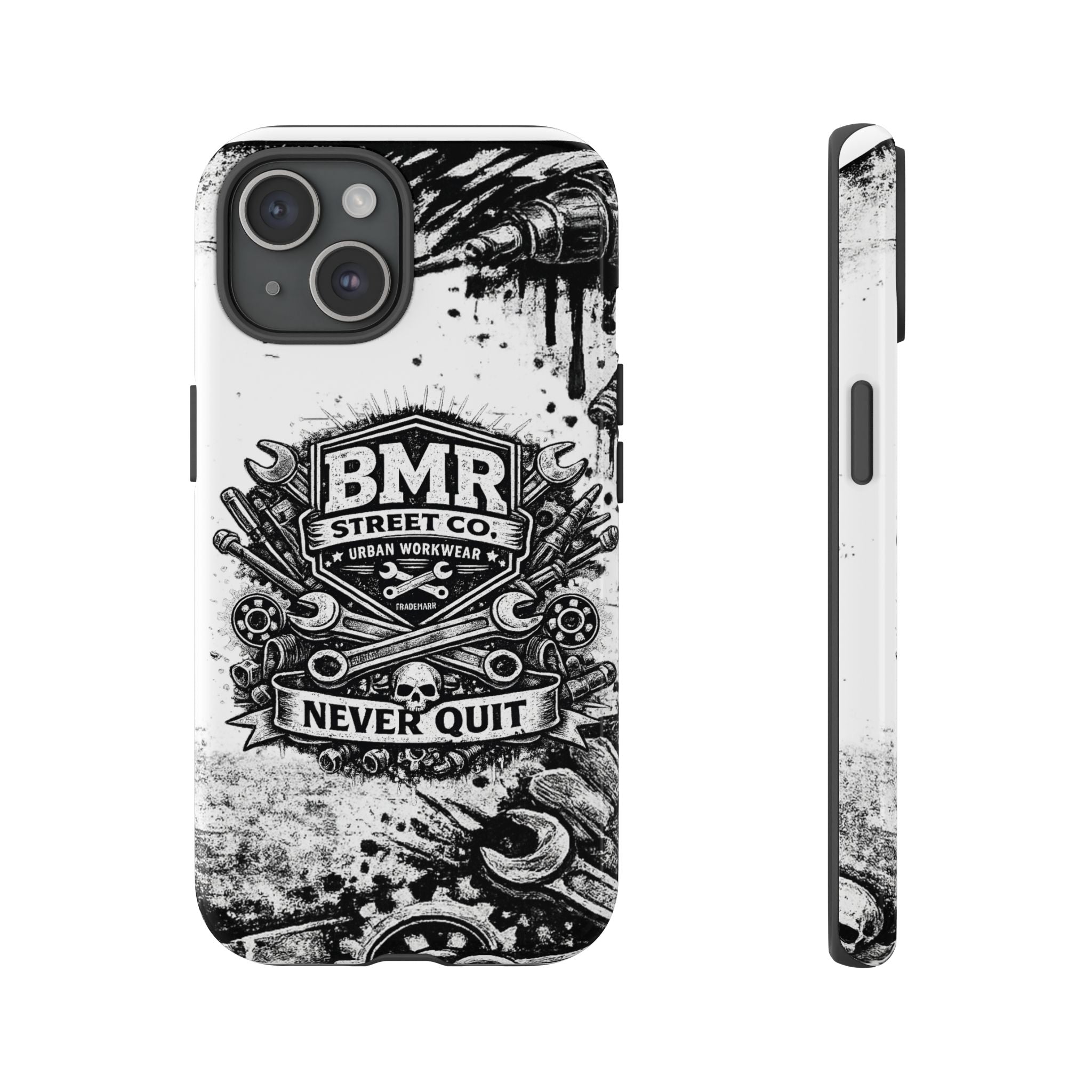BMR Street Co. 'Never Quit' Tough Phone Case — Industrial Motorcycle Grunge Design
