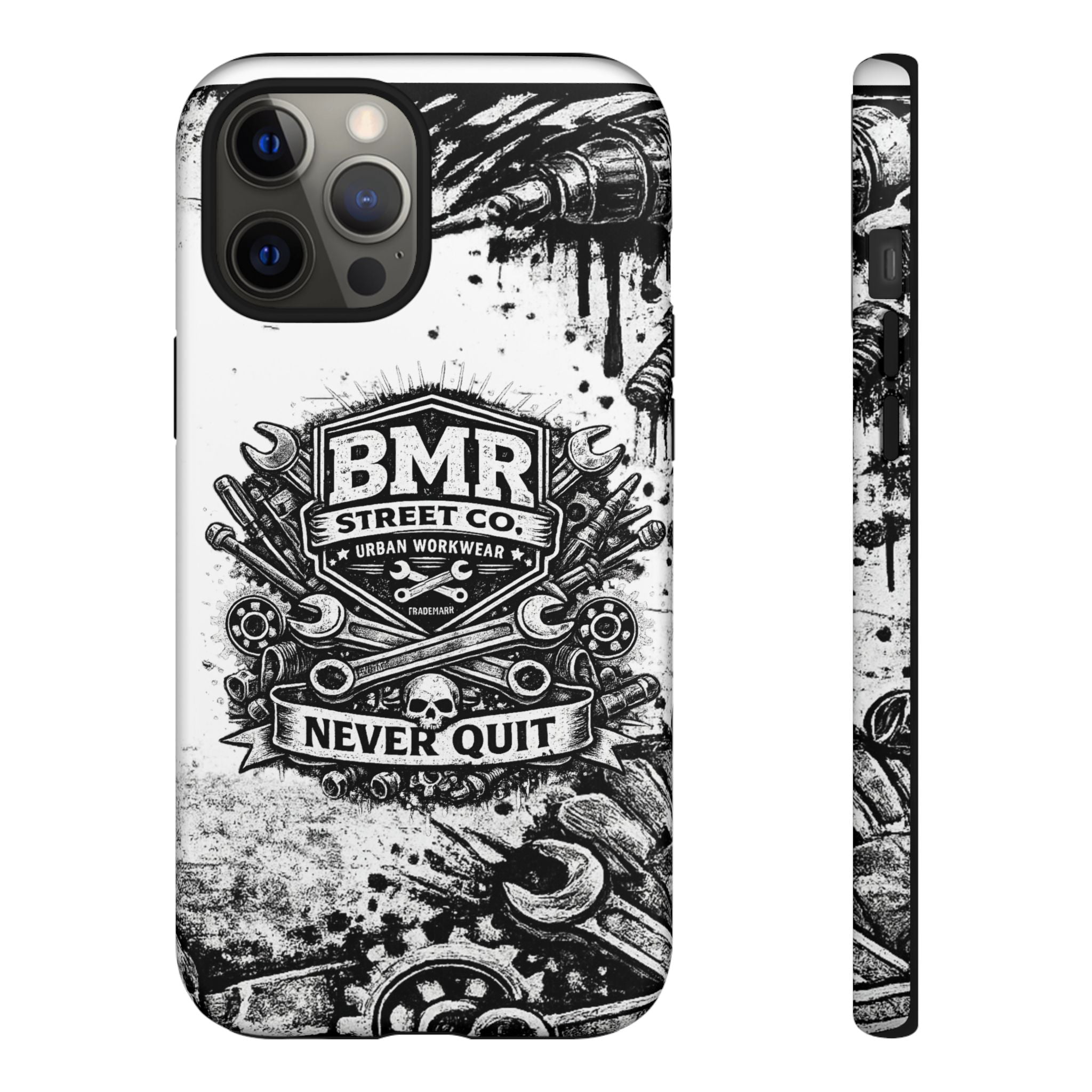 BMR Street Co. 'Never Quit' Tough Phone Case — Industrial Motorcycle Grunge Design