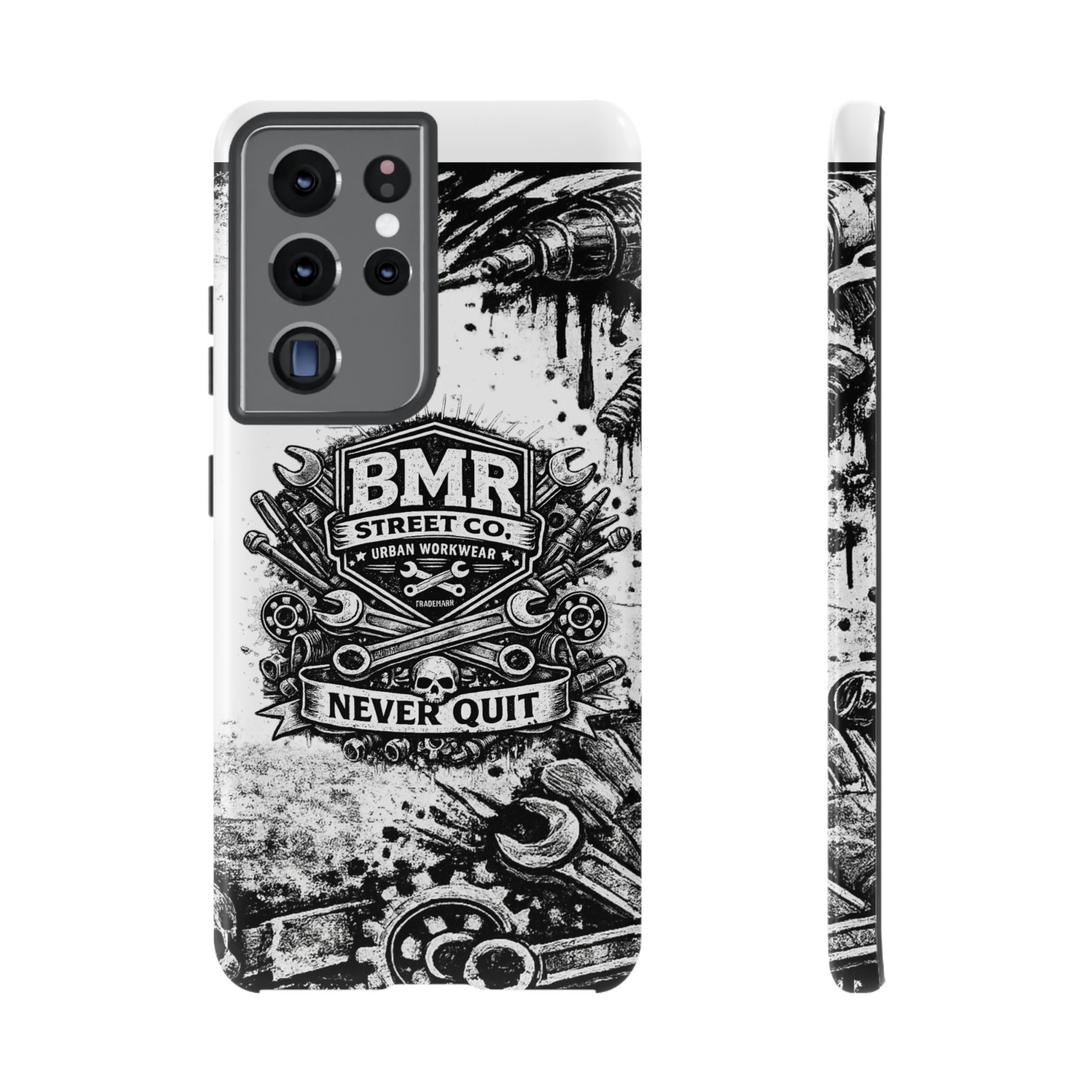 BMR Street Co. 'Never Quit' Tough Phone Case — Industrial Motorcycle Grunge Design