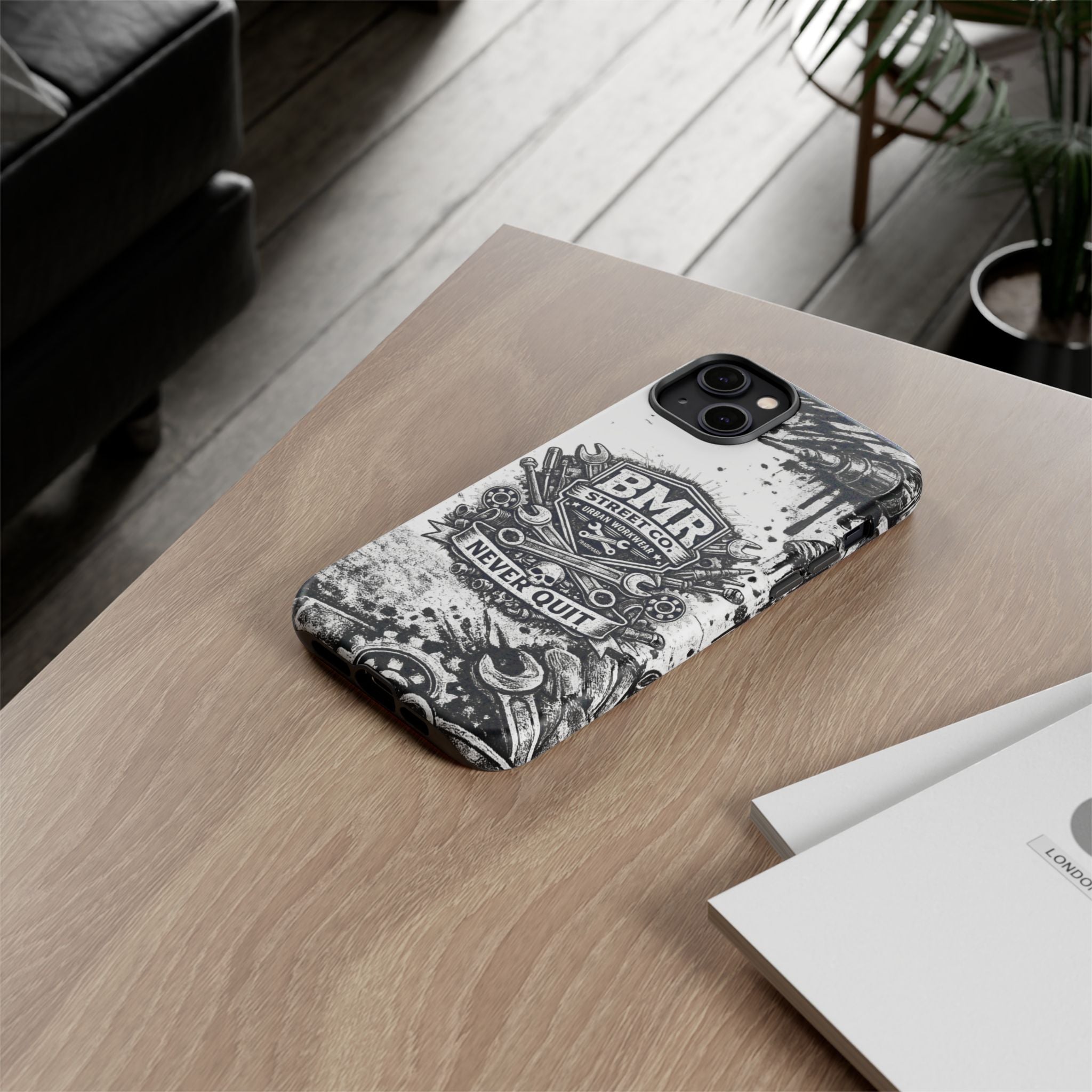 BMR Street Co. 'Never Quit' Tough Phone Case — Industrial Motorcycle Grunge Design