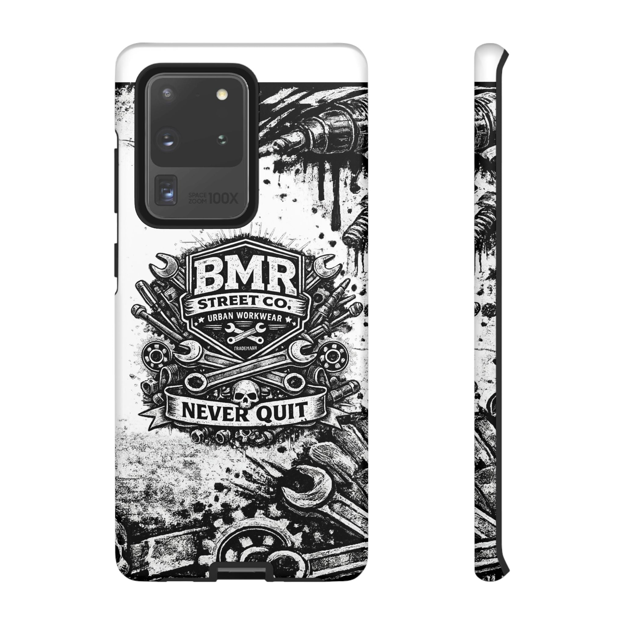 BMR Street Co. 'Never Quit' Tough Phone Case — Industrial Motorcycle Grunge Design